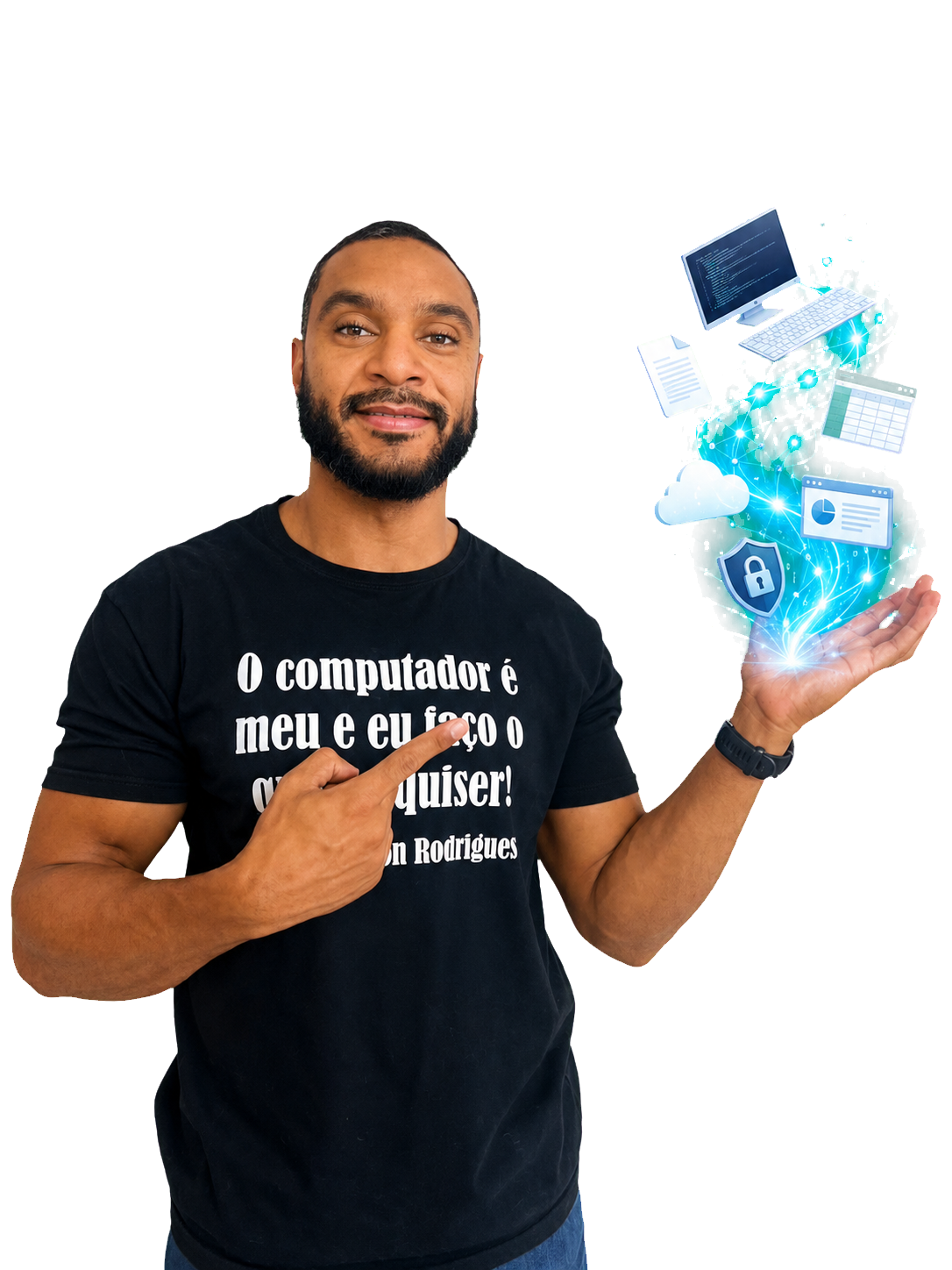 Prof. Jefferson Rodrigues sorrindo enquanto elementos luminosos de informática surgem da palma de sua mão